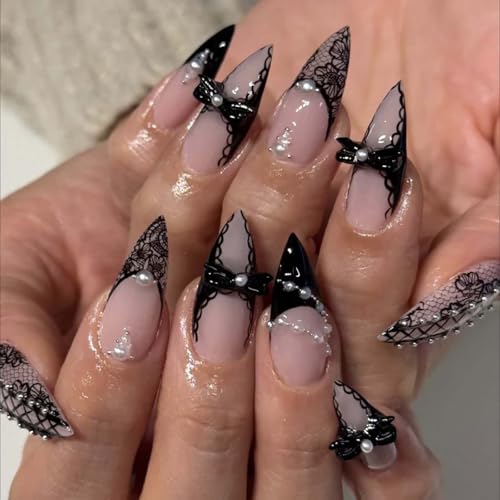 Black Lace Bow French Tip Medium Almond Press on Nails with Pearls