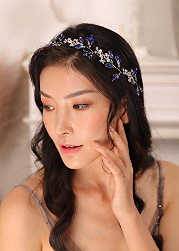 Kercisbeauty Blue Crystal Wedding Headband Silver Hair Piece for Women