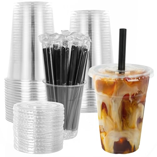 16oz Disposable Clear Plastic Cups with Lids and Straws - 25 Pack