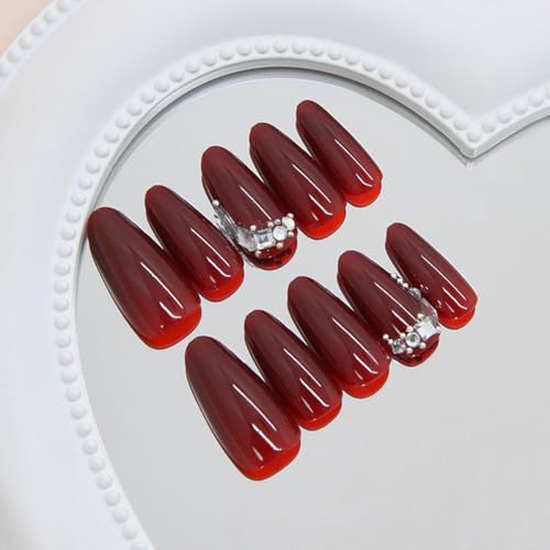 OSTTMA Dark Wine Red Press on Nails Medium Almond Rhinestone False Nails