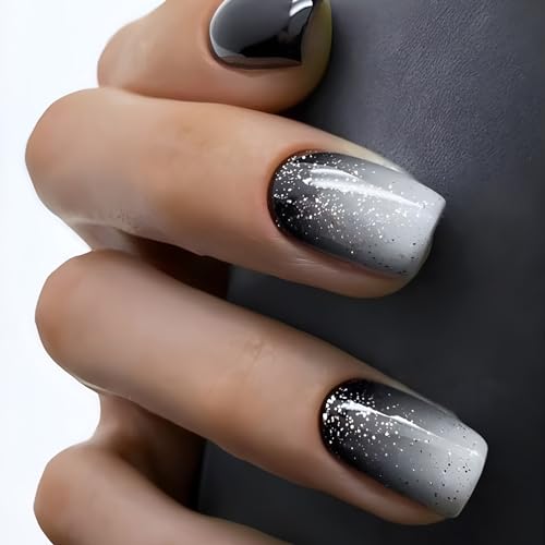 Short Square Press On Nails Black White Gradient Glitter False Nails 24Pcs