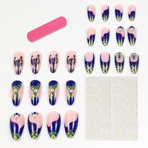 FIEONCIY Glossy Almond Press on Nails French False Fingernails with Charms