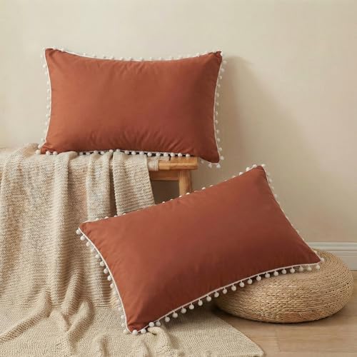 Rust Pom Poms Pillowcases Set of 2, 30x20 Queen Size, Soft Microfiber