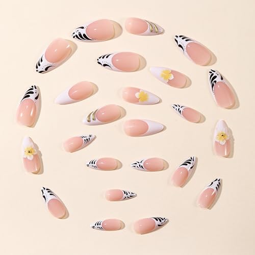 Octoswave Long Almond Press on Nails with French Flowers - 24pcs
