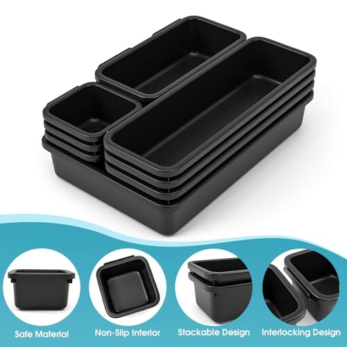 StoreHappily 10 Pack Black Drawer Organizer Set - Multi-Size Plastic Storage Bins for Kitchen, Bathroom, Office & Jewelry