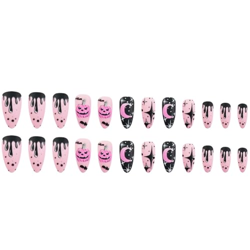 Halloween Press on Nails Medium Almond Fake Nails Matte Pumpkin Star Moon