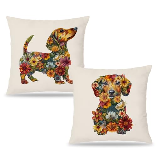Dachshund Pillow Covers Set of 2 - Floral Flannel 18x18