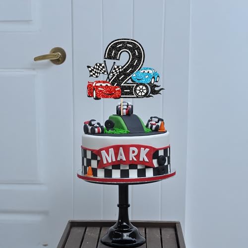 Ephlyn Race Car 2nd Birthday Cake Topper - Glitter Black Two Fast Decor