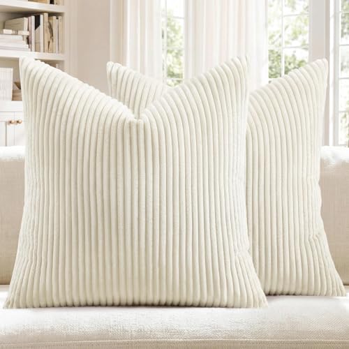 Softalker Striped Corduroy Pillow Covers, 18x18 Inch, Cream, Set of 2