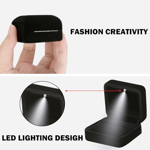 LETURE Black Glossy Jewelry Ring Box with LED Light - Velvet Gift Box for Engagement & Weddings