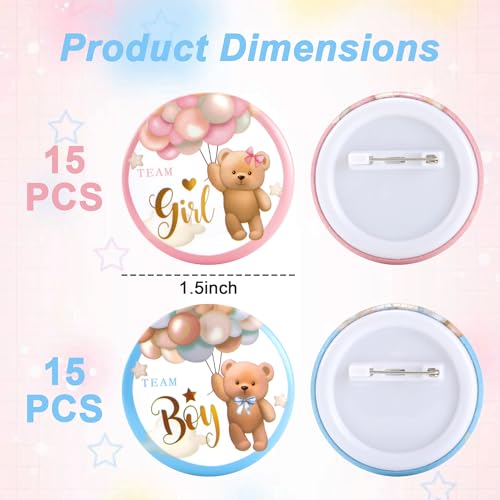 30 Gender Reveal Pins - 1.5 Inch Cute Bear Design for Team Boy or Girl