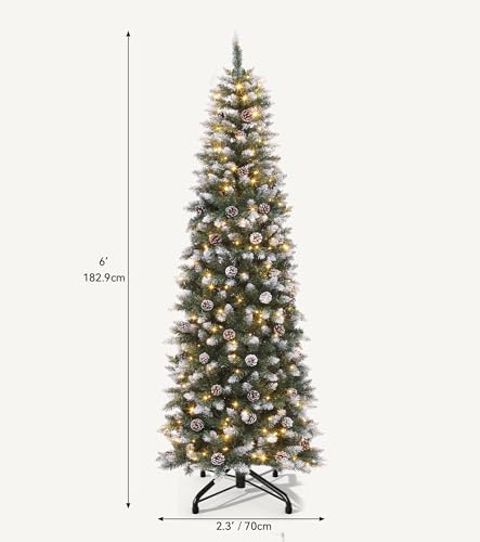 Flocked Green 6ft Artificial Christmas Tree Slim Pre-lit Tree with Snowy Branches, 618 Tips & Remote