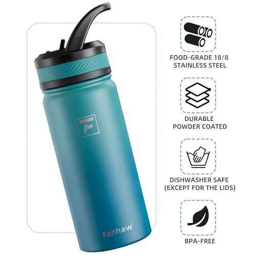 Fanhaw Kids Water Bottle 18 oz Green Blue Insulated Straw Lid BPA Free