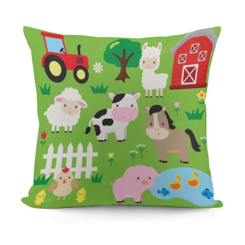 Farm Green Cartoon Animal Throw Pillow Cover 18x18 for Kids