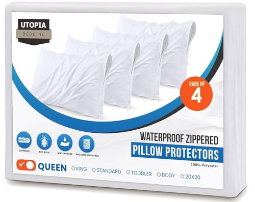 Utopia Bedding Queen Pillow Protectors - Waterproof & Bed Bug Proof (4 Pack)