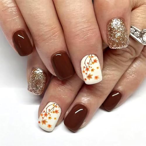 Fall Maple Leaf Press on Nails Short Square Thanksgiving Fake Nails
