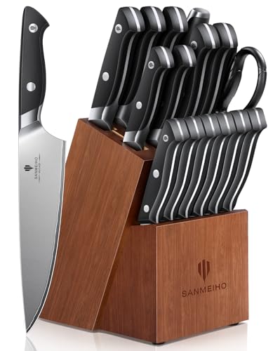 16 PCS Japanese Kitchen Knife Set with Block - Ultra Sharp & Dishwasher Safe - Includes Sheath & Sharpener