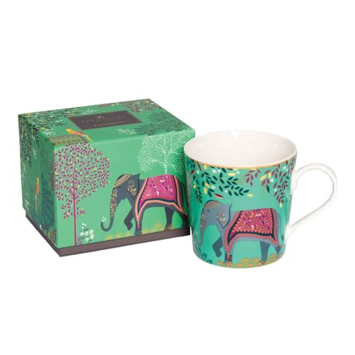 Sara Miller London India Elephant¡¯s Oasis Mug - 12oz Fine China Cup in Jade Green with 22ct Gold Accents, Collectible Tableware & Artistic Dinnerware Gift for Elephant Lovers & Afternoon Tea
