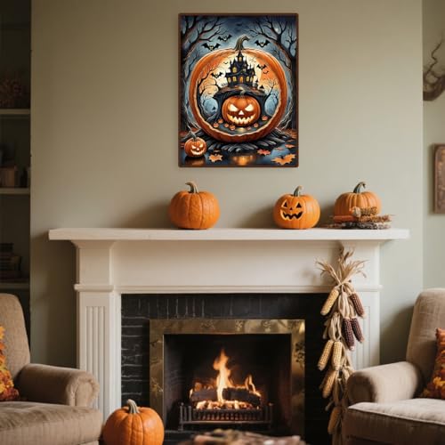 Halloween Diamond Painting Kit for Adults, Pumpkin Castle 5D Full Drill Gem Art