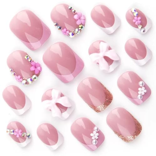 Short Square Press on Nails with 3D Bow Flower Charms Glossy False Nails