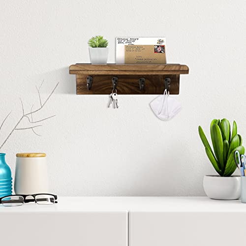 HRONRAD Rustic Wood Key Holder for Wall - Farmhouse Mail Organizer, Brown