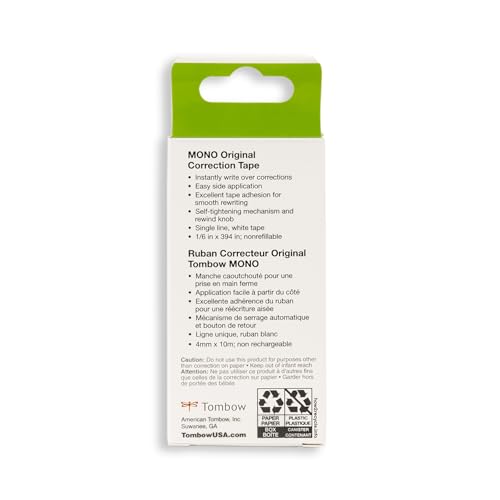 Tombow MONO Correction Tape, Non-Refillable, 1/6" x 394", 2-Pack