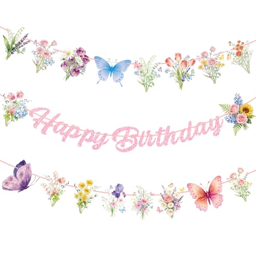 Happy Birthday Banner with Pink Glitter & Floral Accents