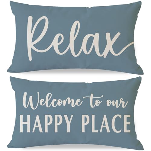 Welcome to Our Happy Place Lumbar Pillow Covers, 12x20 Dusty Blue Set of 2