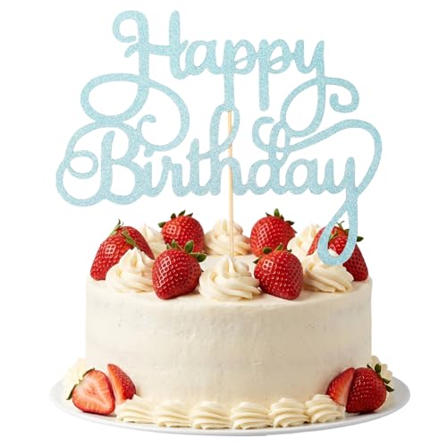 Light Blue Happy Birthday Cake Topper - Elegant Glitter Design