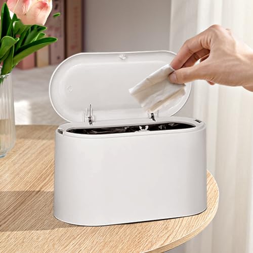 LTWQLing Mini Trash Can with Lid - Pop-Up Desktop Garbage Bin (White)