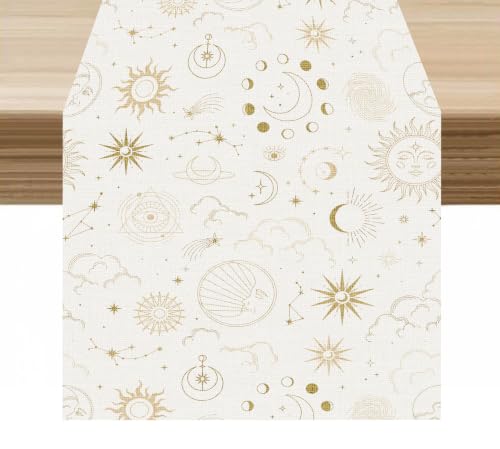 Moon Table Runner Boho Witchy Moon Phase Celestial Decor 13x36in - Moon-White