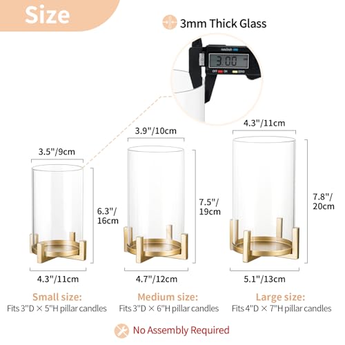 Gold Pillar Candle Holders Set of 3 - Hurricane Glass Candle Stands with Sleeve