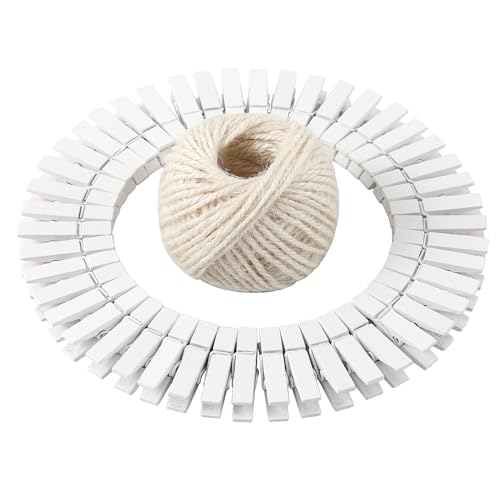 HSTECH 100 Pcs White Mini Wooden Clothespins with 82 Ft Jute Twine for Crafts