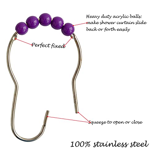 Purple Shower Curtain Hooks, Stainless Steel Rings with Acrylic Roller Balls