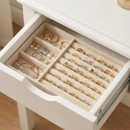 Velvet Jewelry Drawer Organizer Insert - Stackable Storage Tray (Beige)