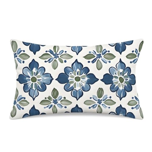 Tile Floral Lumbar Pillow Cover 12x20 Inch - Blue & Green Design