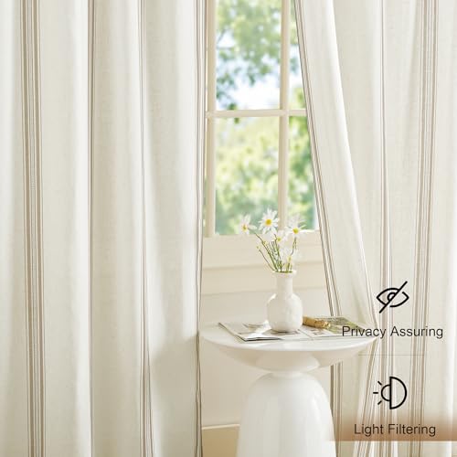 NICETOWN Stripe Linen Curtains 52 x 84 Inch Long for Living Room - Taupe & White Classic Grommet Rustic Drapes, Light Filtering Window Covering for Patio Glass French Door, 1 Pair