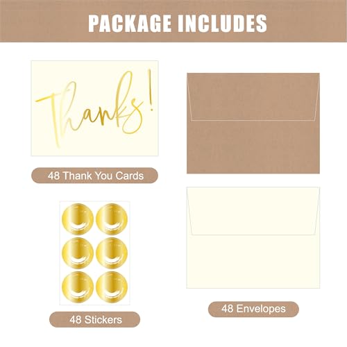 Gold Foil Thank You Cards with Envelopes - 48 Pack, 3.75" x 5"