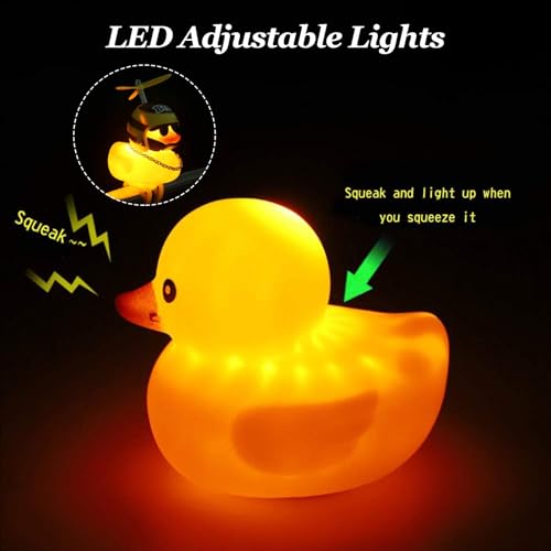 2 Pack Rubber Duck Car Ornaments, Yellow Duck Car Dashboard Decorations Squeeze Duck Bicycle Horns with Propeller Helmet,Bandage and Gold Chain