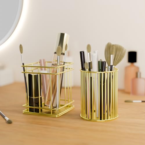 Gold Makeup Brush Holder Organizer - 2 Pack Vanity Storage Cup