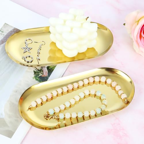 Gold Stainless Steel Decorative Tray Set - 2 Oval Organizers for Jewelry & Cosmetics