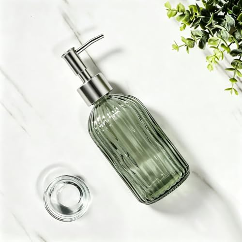 Green Striped Glass Soap Dispenser, 12oz Refillable Bottle with Silver Pump
