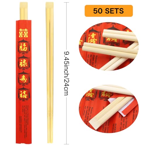 50 Pack of 9-Inch Disposable Bamboo Chopsticks with Purple Sleeves