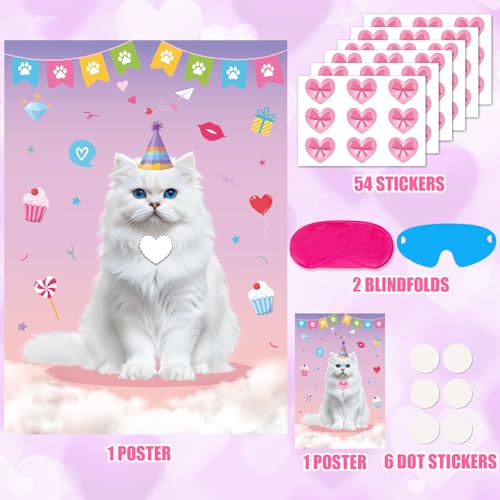 Cat Party Games Set - Pin the Heart on the Cat Poster with Stickers