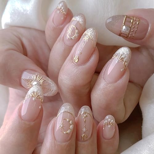 Gold Star Moon Press on Nails Short Almond False Nails 24Pcs