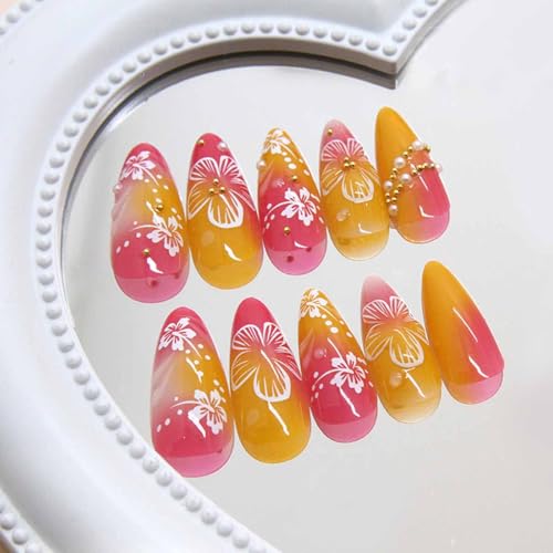 ZOAZJINAZ Long Almond Press on Nails Floral Gradient Fake Nails Kit