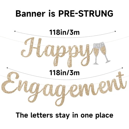 Pre-Strung Happy Engagement Banner - Gold Glitter Party Decoration