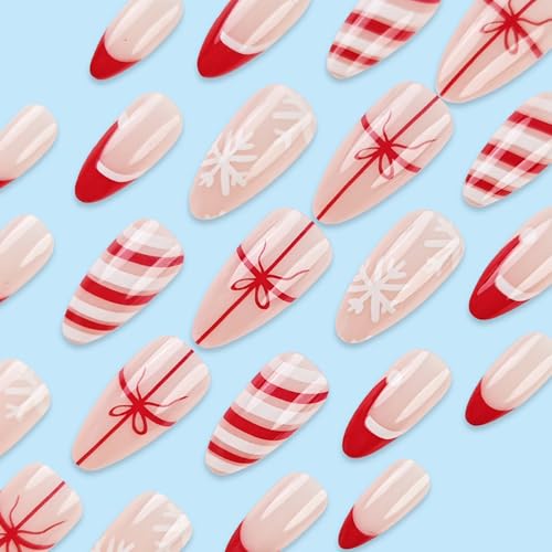 Christmas Press on Nails Almond Medium False Nails French Tip Holiday Art