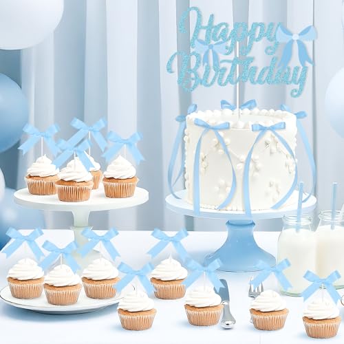 Blue Bow Cake Topper Set - 19Pc Ribbon Birthday & Bridal Shower Decor