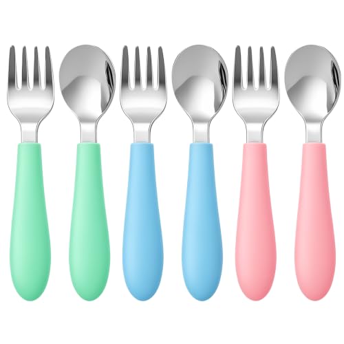 Kids Stainless Steel Fork & Spoon Set with Color Options - Toddler Safe Flatware for Self-Feeding, 6 pcs Blue/Green/Pink
